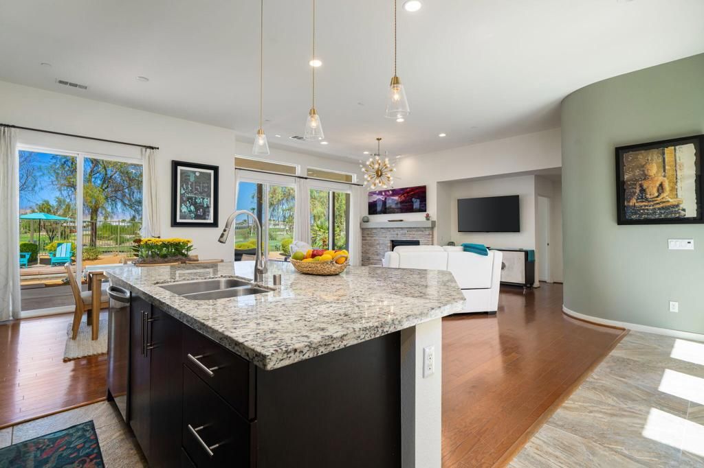 Dining room, Fireplace, Interior, Kitchen, Pendant Lights, Recessed Lighting, Wood Texture Flooring