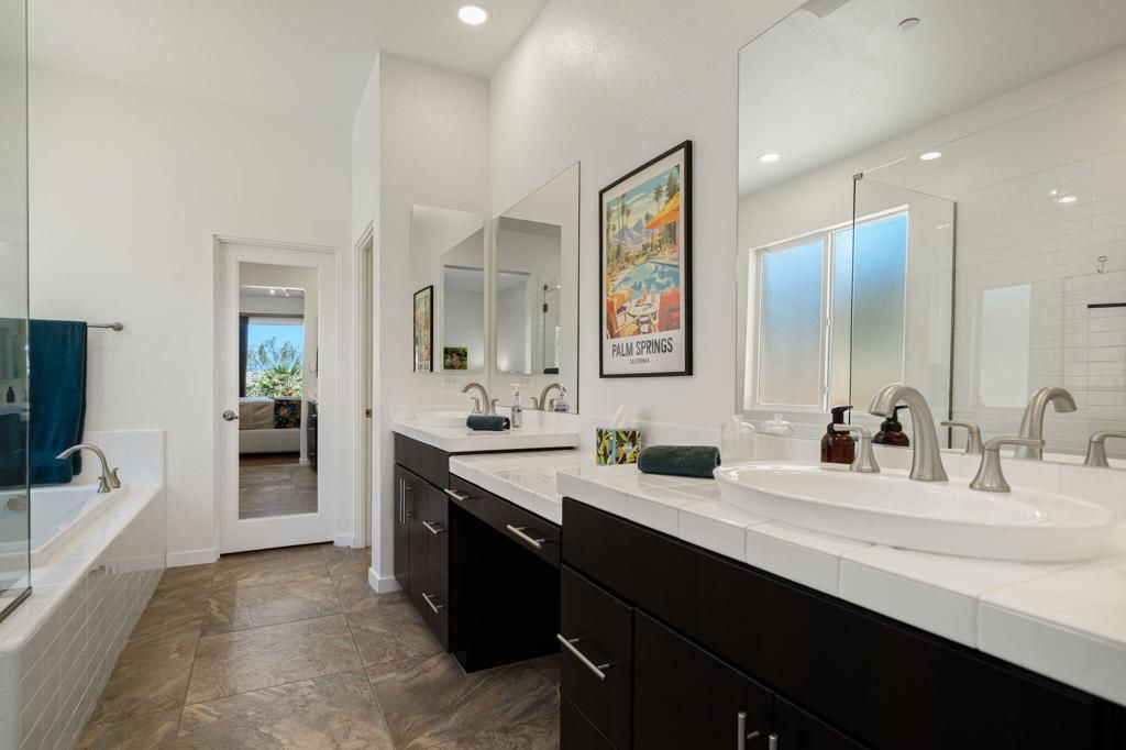Bathroom, Dual Sink Vanities, Interior, Recessed Lighting, Tile Countertops
