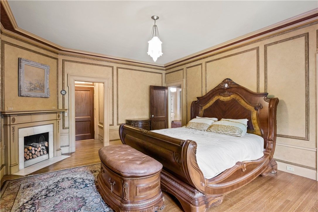 Bedroom, Fireplace, Interior, Pendant Lights, Wood Texture Flooring