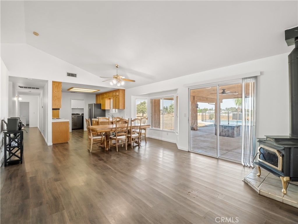 Dining room, Fireplace, Interior, Kitchen, Wood Texture Flooring