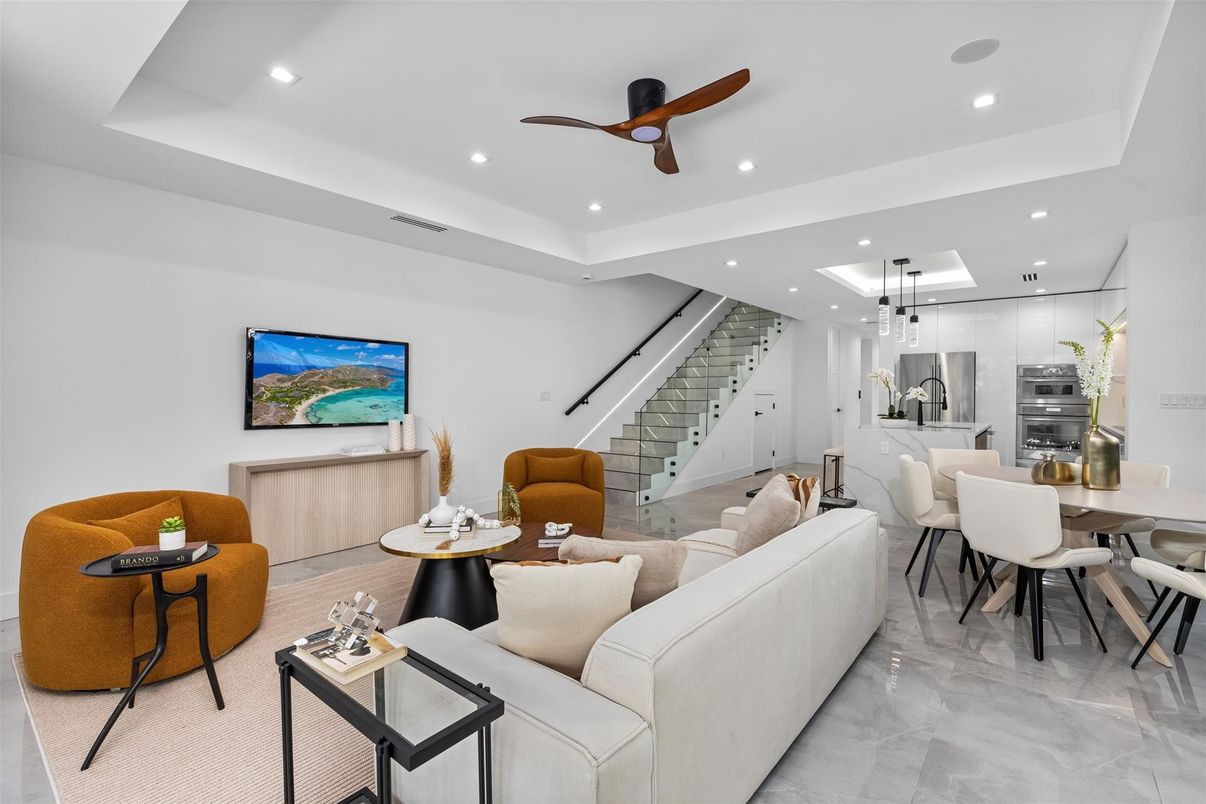 Dining room, Interior, Kitchen, Living room, Recessed Lighting, Stainless Steel Appliances