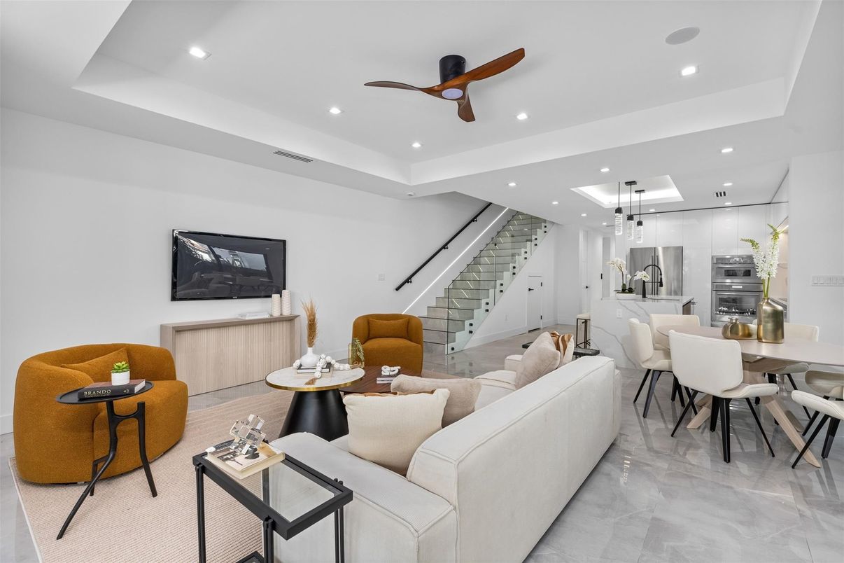 Dining room, Interior, Kitchen, Living room, Recessed Lighting, Stainless Steel Appliances