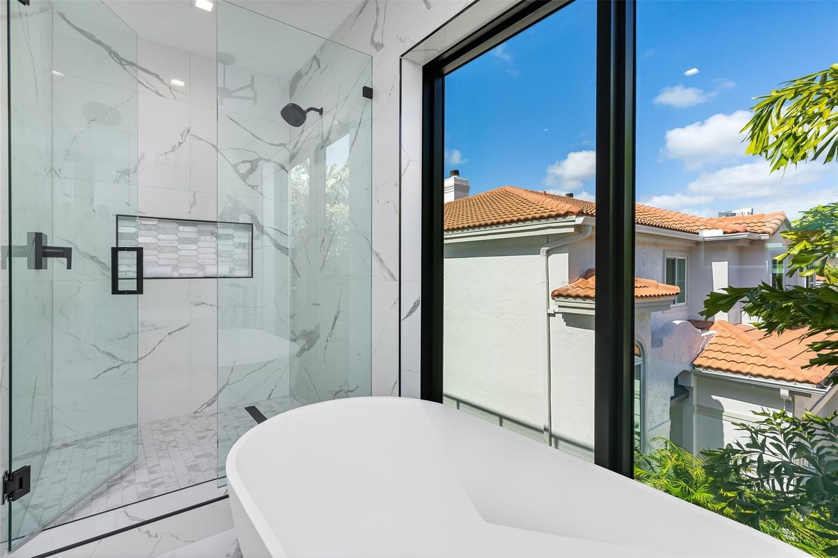 Bathroom, Free Standing Baths, Glass Shower, Interior, Marble, Marble Walls