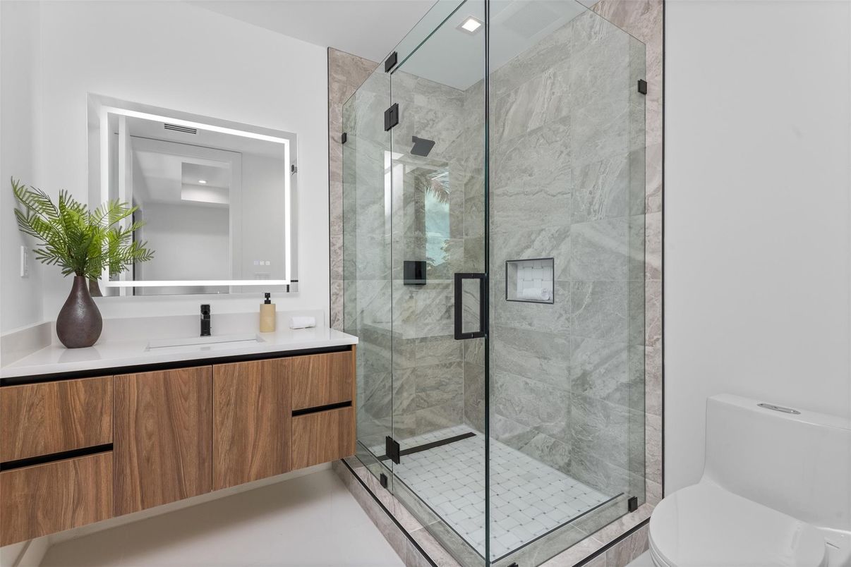 Bathroom, Glass Shower, Interior, Marble Walls, Recessed Lighting