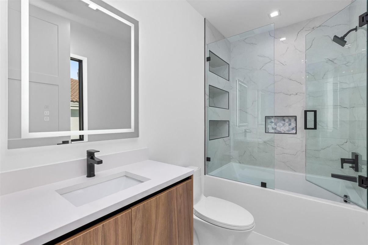 Bathroom, Glass Shower, Interior, Marble Walls, Recessed Lighting