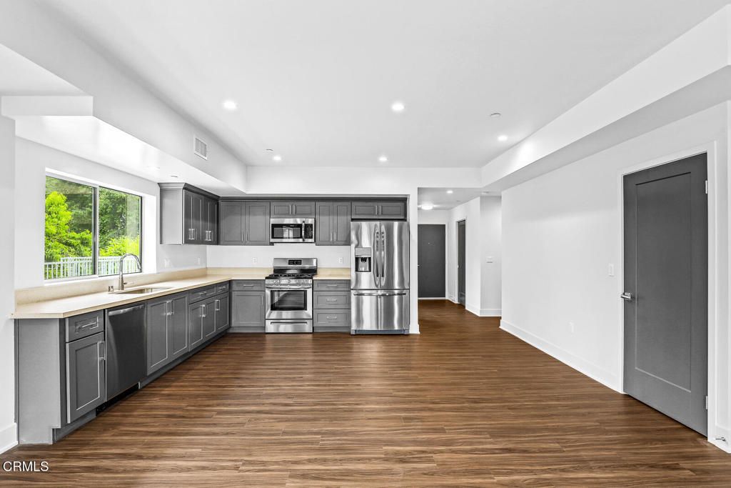 Interior, Kitchen, Recessed Lighting, Stainless Steel Appliances, Wood Texture Flooring