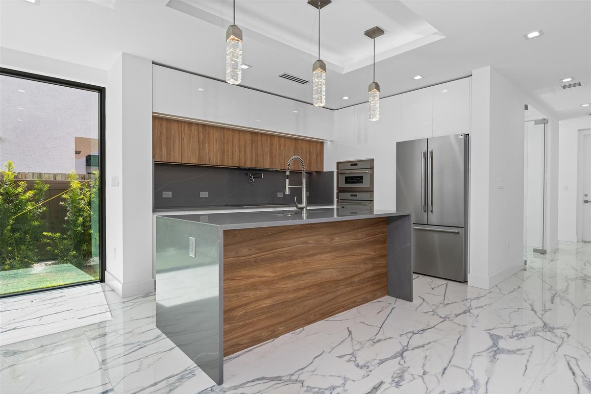 Interior, Kitchen, Marble, Pendant Lights, Recessed Lighting, Stainless Steel Appliances