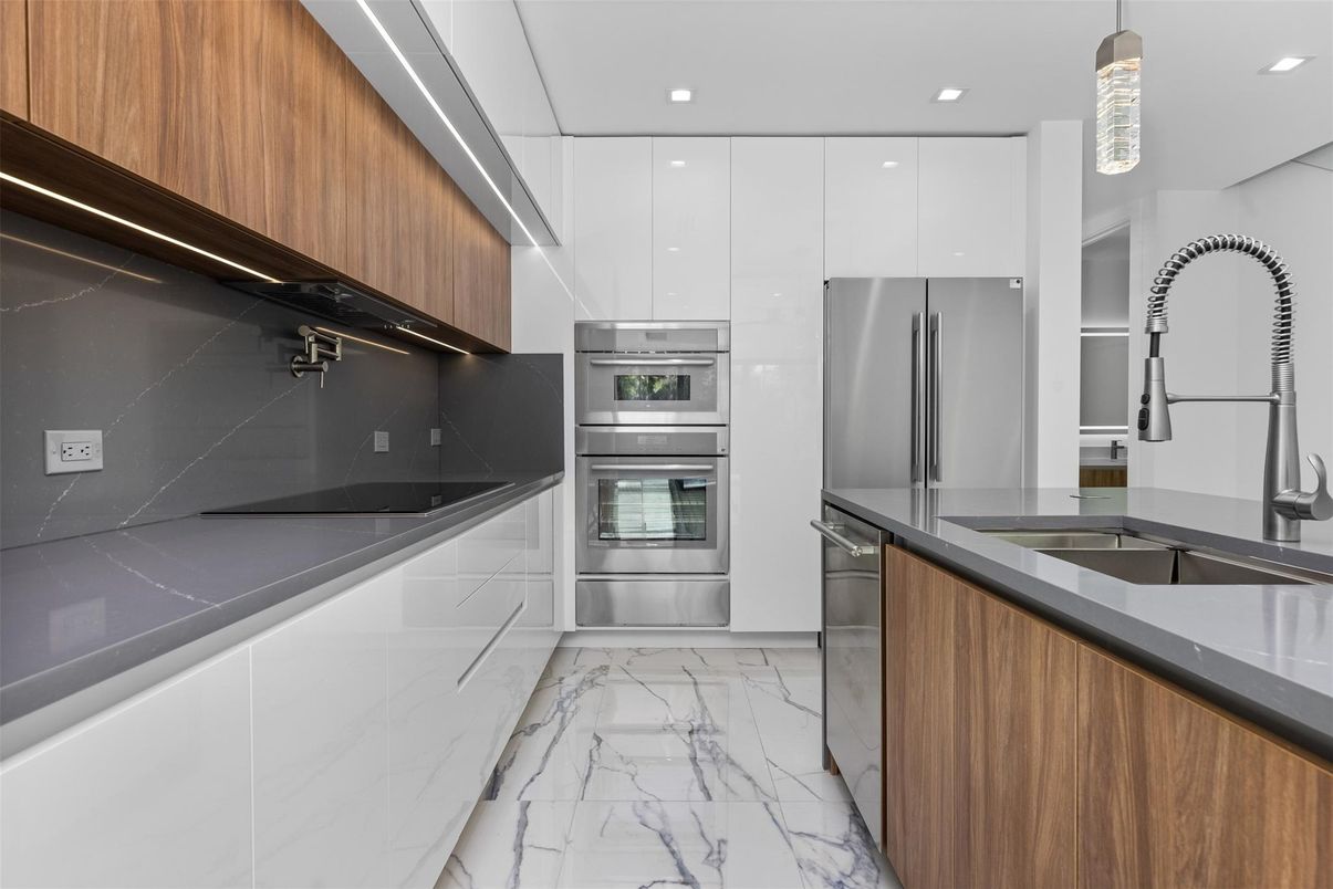 Interior, Kitchen, Marble, Marble Walls, Recessed Lighting, Stainless Steel Appliances