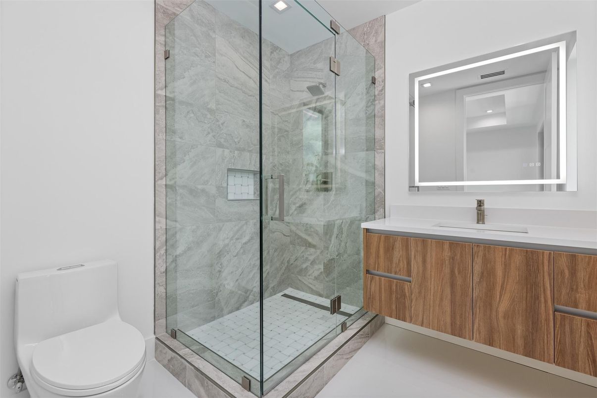 Bathroom, Glass Shower, Interior, Marble Walls, Recessed Lighting