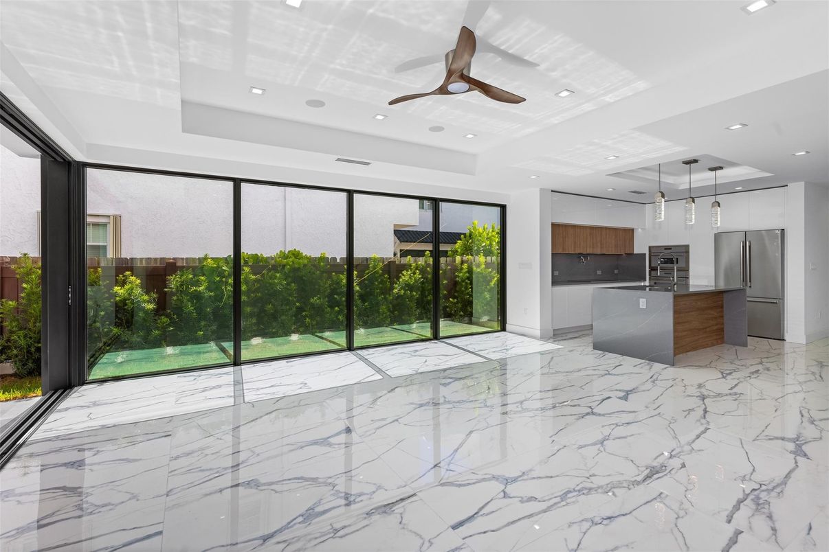 Interior, Kitchen, Marble, Pendant Lights, Recessed Lighting, Stainless Steel Appliances