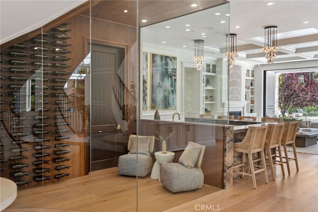 Fireplace, Interior, Pendant Lights, Recessed Lighting, Wine Storage, Wood Texture Flooring