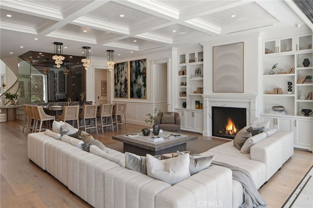 Dining room, Fireplace, Interior, Living room, Pendant Lights, Recessed Lighting, Wood Texture Flooring