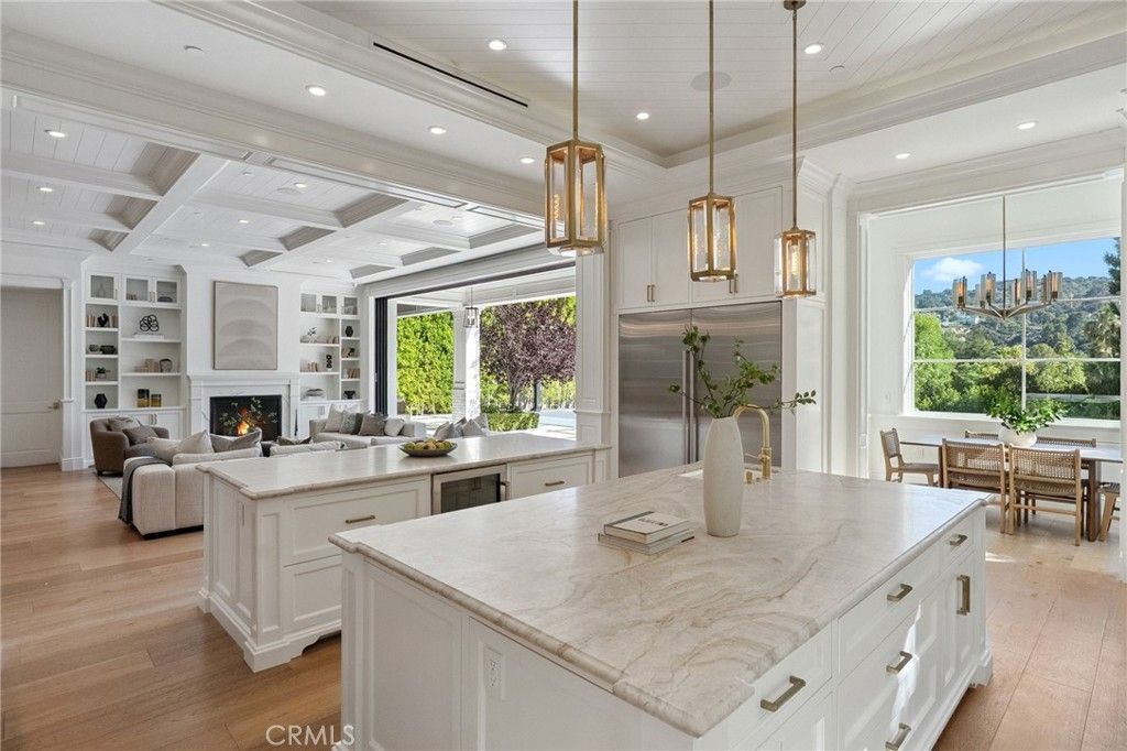 Dining room, Fireplace, Interior, Kitchen, Living room, Pendant Lights, Recessed Lighting, Wood Texture Flooring