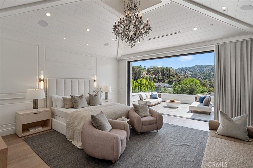Bedroom, Chandelier, Interior, Recessed Lighting, Wood Texture Flooring