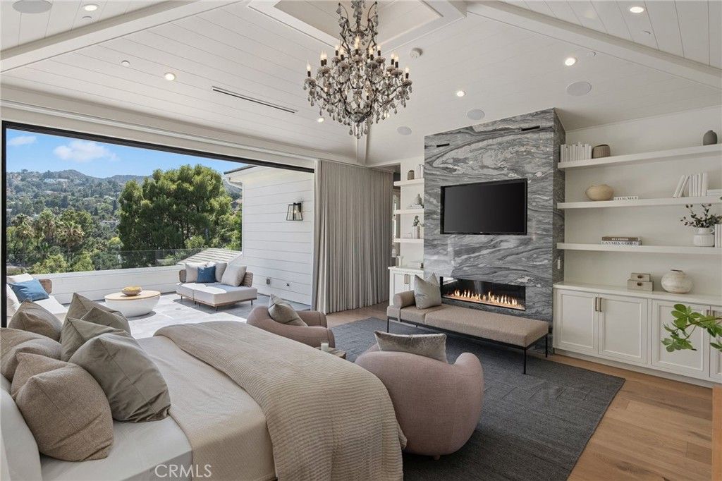 Chandelier, Fireplace, Interior, Living room, Recessed Lighting, Wood Texture Flooring