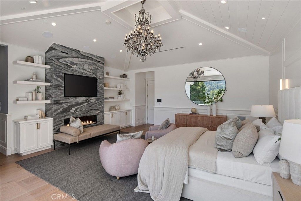 Bedroom, Chandelier, Fireplace, Interior, Recessed Lighting, Wood Texture Flooring