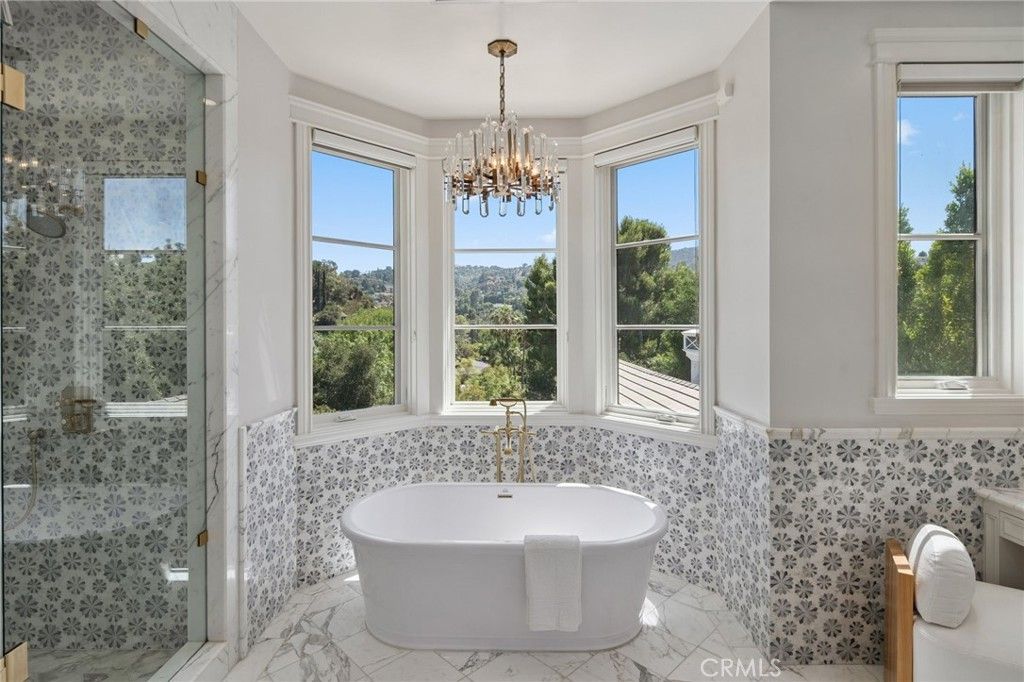 Bathroom, Chandelier, Free Standing Baths, Glass Shower, Interior, Marble, Marble Walls