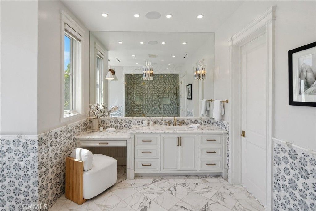 Bathroom, Dual Sink Vanities, Interior, Marble, Pendant Lights, Recessed Lighting