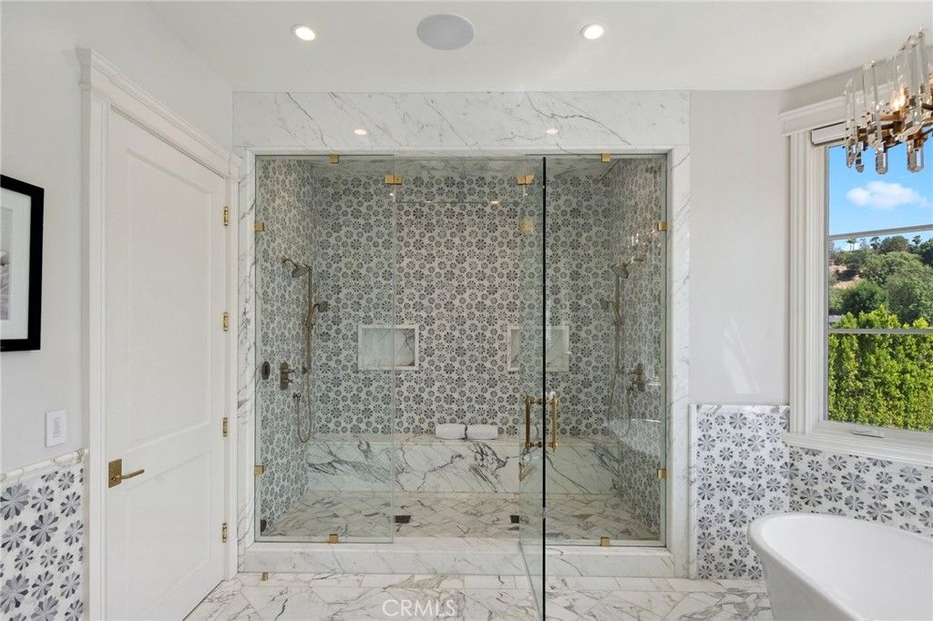 Bathroom, Glass Shower, Interior, Marble, Marble Walls, Recessed Lighting
