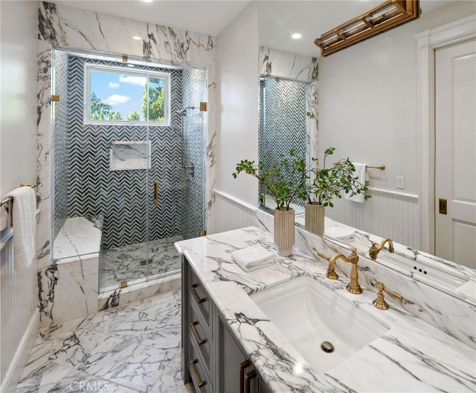 Bathroom, Glass Shower, Interior, Marble, Marble Walls, Recessed Lighting