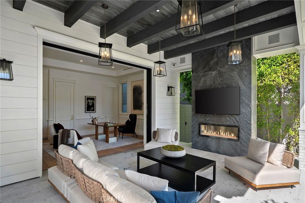 Dining room, Fireplace, Interior, Living room, Pendant Lights, Wooden Beams