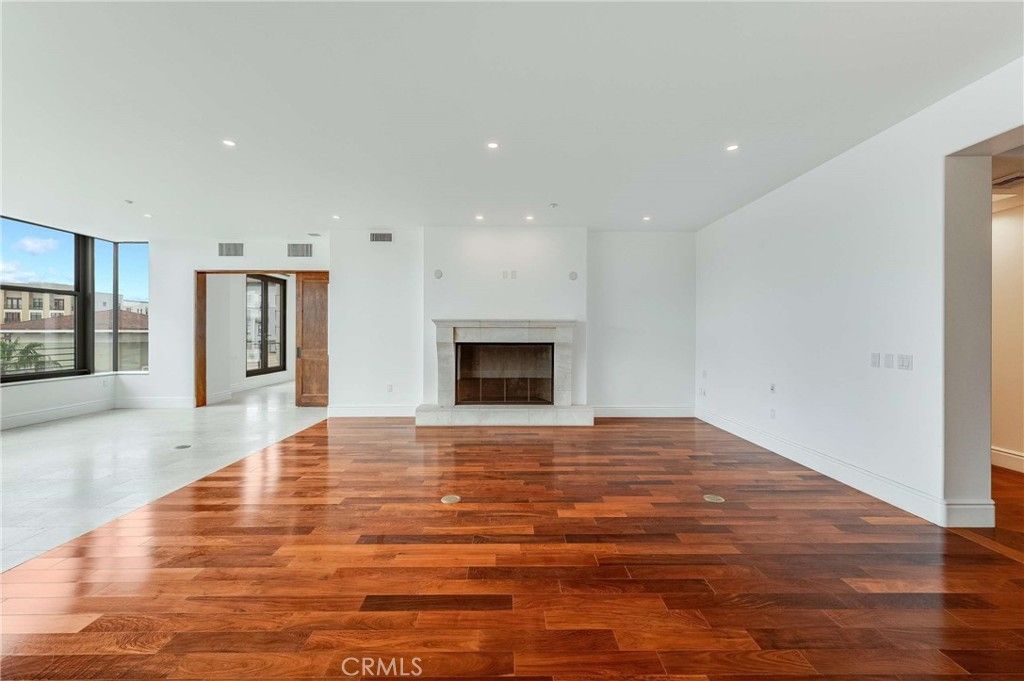 Empty room, Fireplace, Interior, Recessed Lighting, Wood Texture Flooring