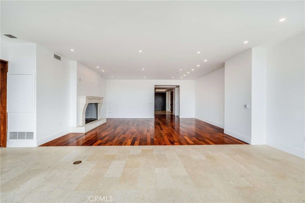 Empty room, Fireplace, Interior, Recessed Lighting, Wood Texture Flooring