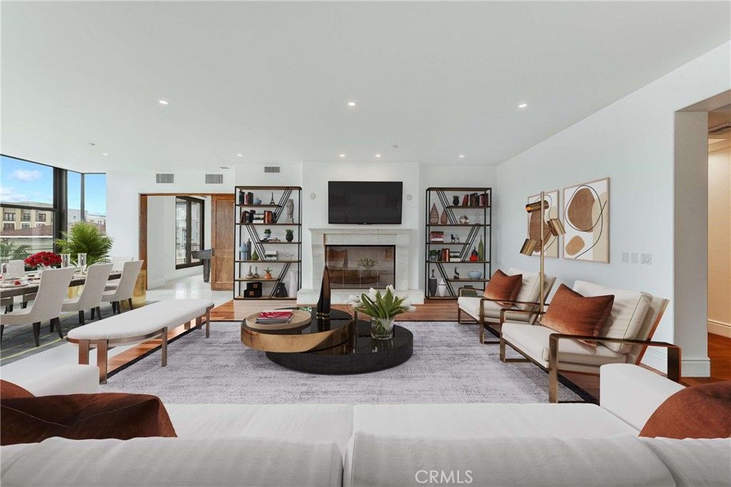Dining room, Fireplace, Interior, Living room, Recessed Lighting, Wood Texture Flooring