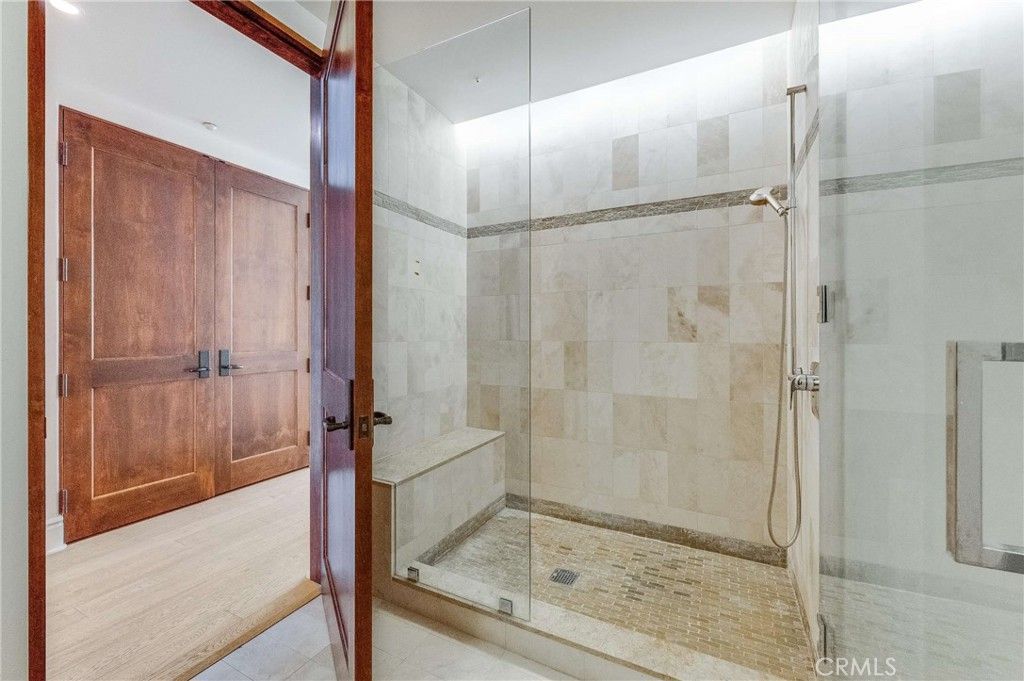 Bathroom, Glass Shower, Interior, Recessed Lighting, Wood Texture Flooring