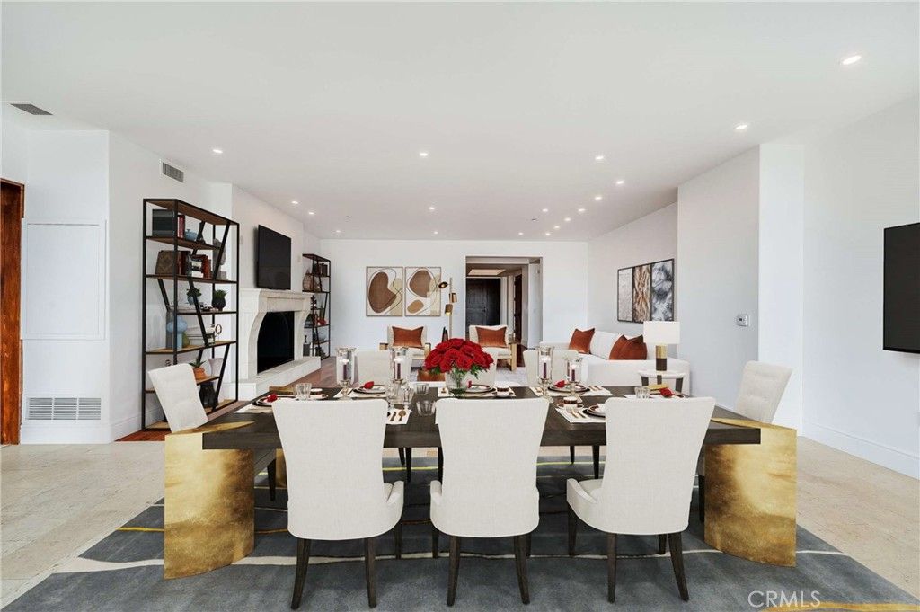 Dining room, Fireplace, Interior, Living room, Recessed Lighting, Wood Texture Flooring