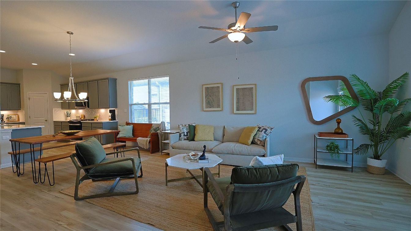 Dining room, Interior, Kitchen, Living room, Pendant Lights, Recessed Lighting, Wood Texture Flooring