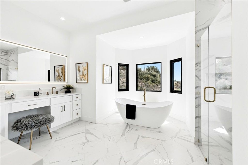 Bathroom, Free Standing Baths, Glass Shower, Interior, Marble, Marble Walls, Recessed Lighting