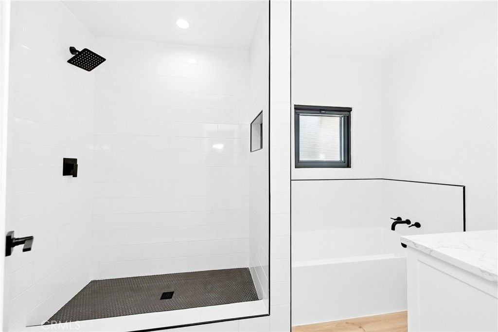 Bathroom, Glass Shower, Interior, Recessed Lighting, Wood Texture Flooring