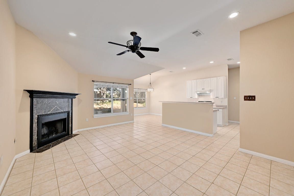 Empty room, Fireplace, Interior, Kitchen, Pendant Lights, Recessed Lighting