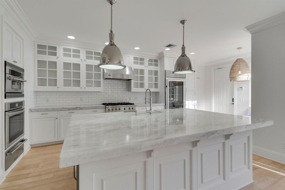 Interior, Kitchen, Pendant Lights, Recessed Lighting, Stainless Steel Appliances, Wood Texture Flooring