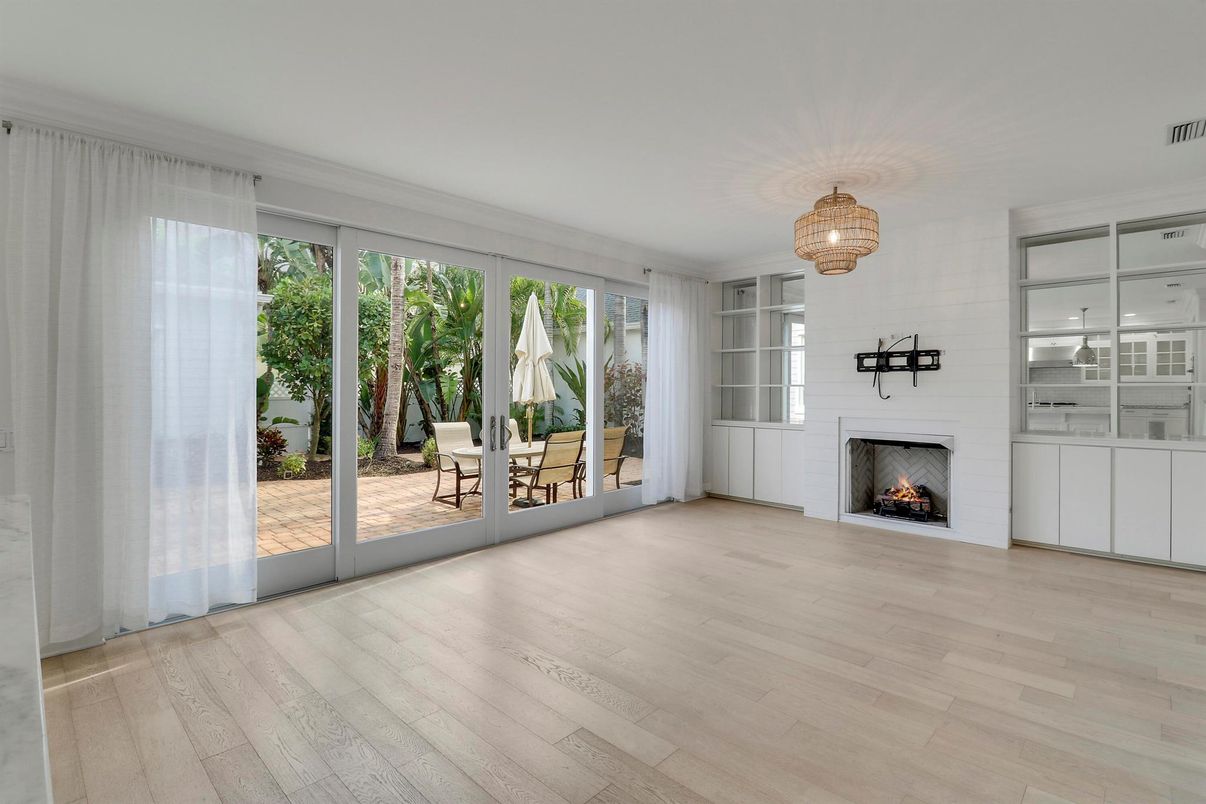 Chandelier, Empty room, Fireplace, Interior, Wood Texture Flooring