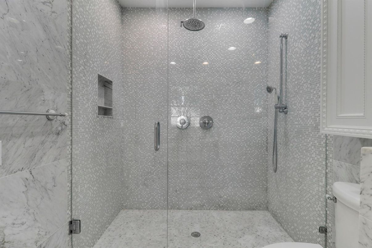 Bathroom, Glass Shower, Interior, Marble Walls, Recessed Lighting
