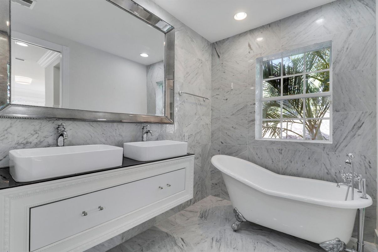 Bathroom, Dual Sink Vanities, Free Standing Baths, Interior, Marble, Marble Walls, Recessed Lighting