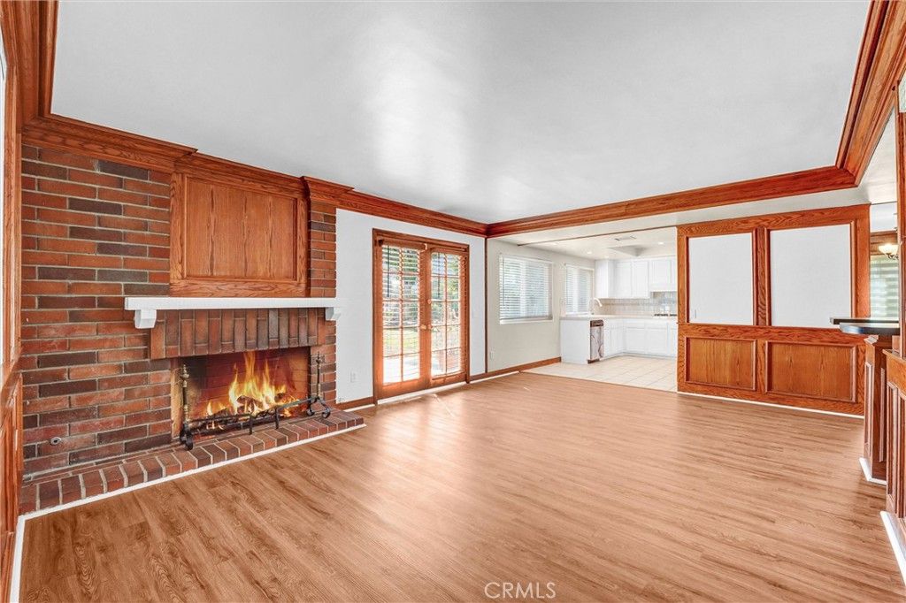 Empty room, Fireplace, Interior, Stone Walls, Wood Texture Flooring
