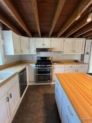 Interior, Kitchen, Stainless Steel Appliances, Tile Countertops, Wooden Beams, Wooden Ceilings