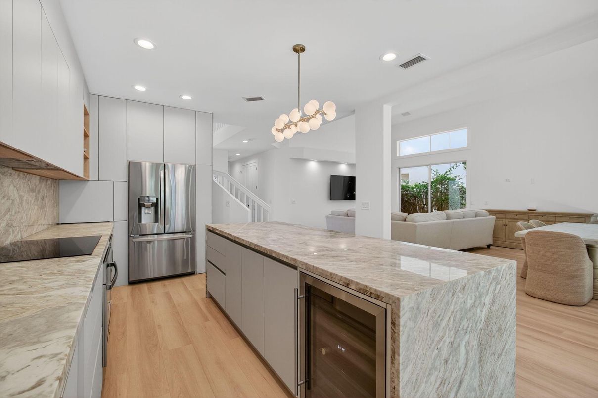 Chandelier, Interior, Kitchen, Pendant Lights, Recessed Lighting, Stainless Steel Appliances, Wood Texture Flooring