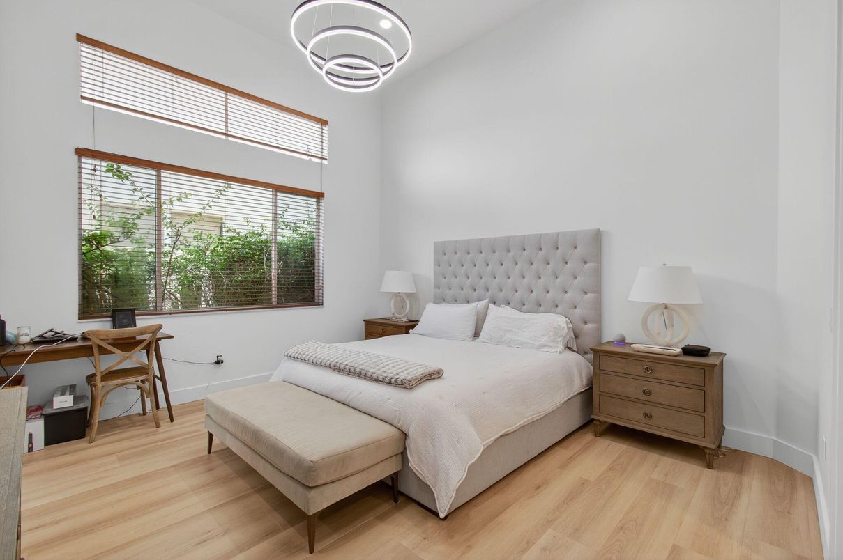 Bedroom, Interior, Pendant Lights, Wood Texture Flooring