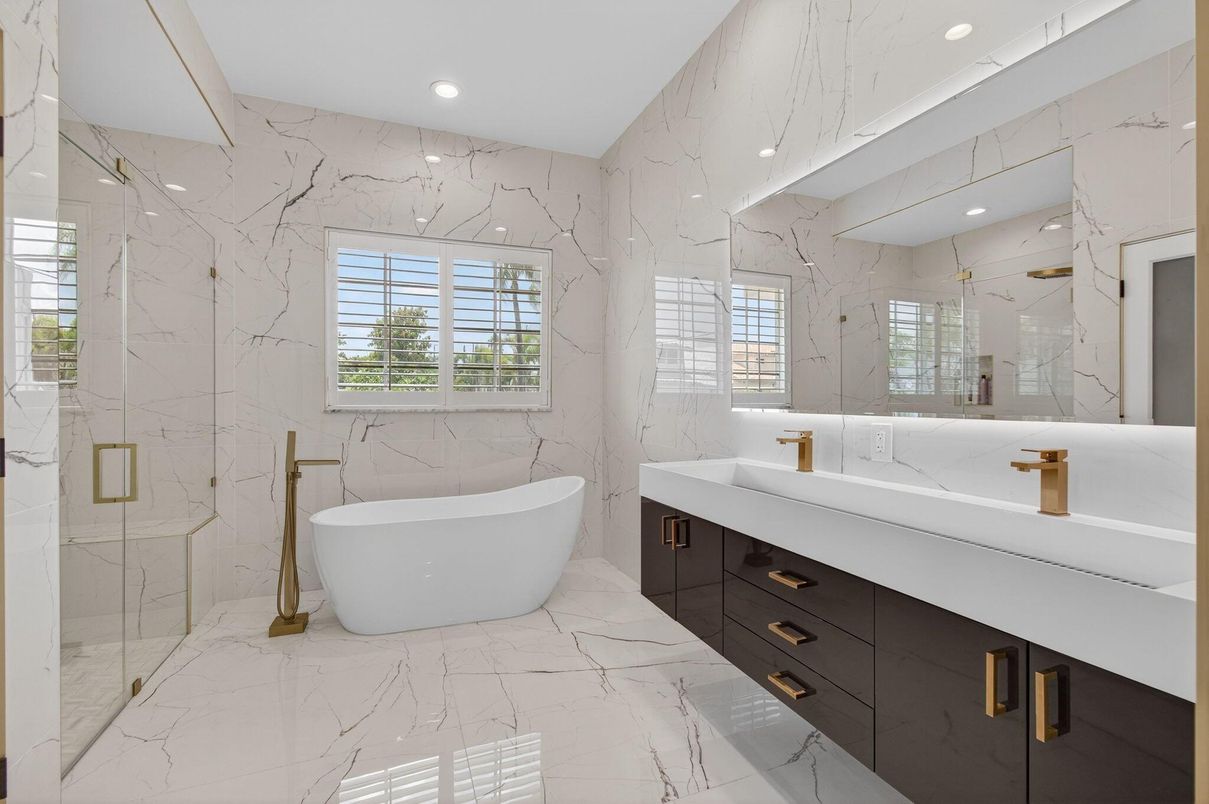 Bathroom, Dual Sink Vanities, Free Standing Baths, Glass Shower, Interior, Marble, Marble Walls, Recessed Lighting
