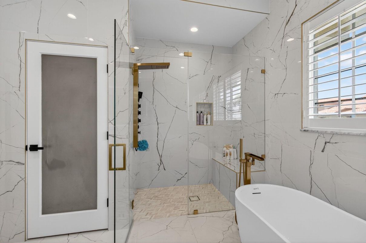 Bathroom, Free Standing Baths, Glass Shower, Interior, Marble, Marble Walls, Recessed Lighting
