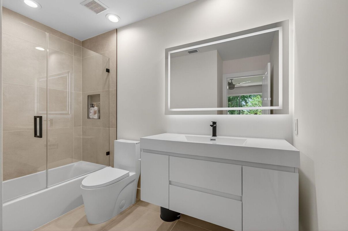 Bathroom, Glass Shower, Interior, Recessed Lighting, Wood Texture Flooring