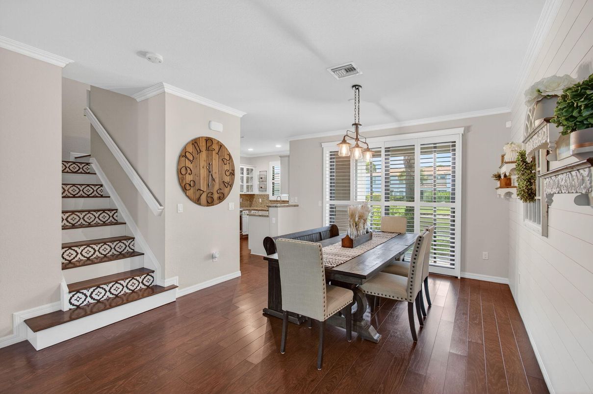 Dining room, Interior, Pendant Lights, Recessed Lighting, Wood Texture Flooring