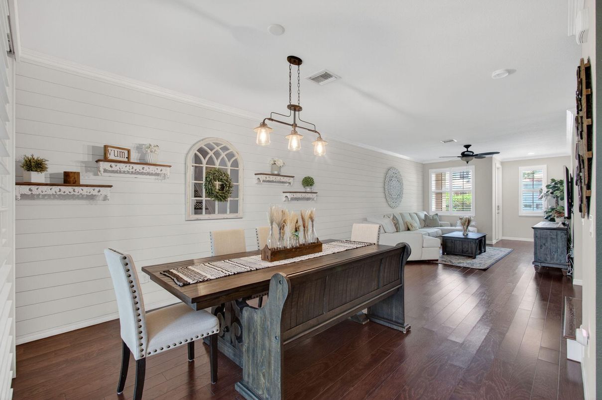 Dining room, Interior, Living room, Pendant Lights, Wood Texture Flooring