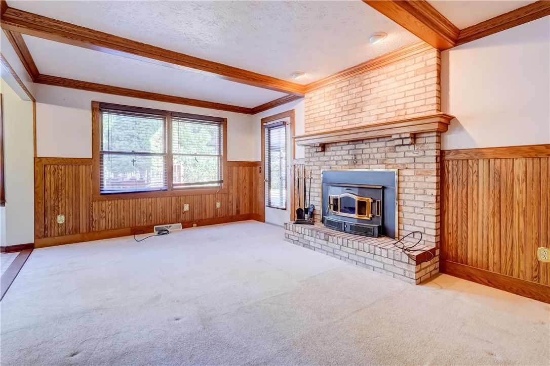 Empty room, Fireplace, Interior, Recessed Lighting, Stone Walls, Wooden Walls