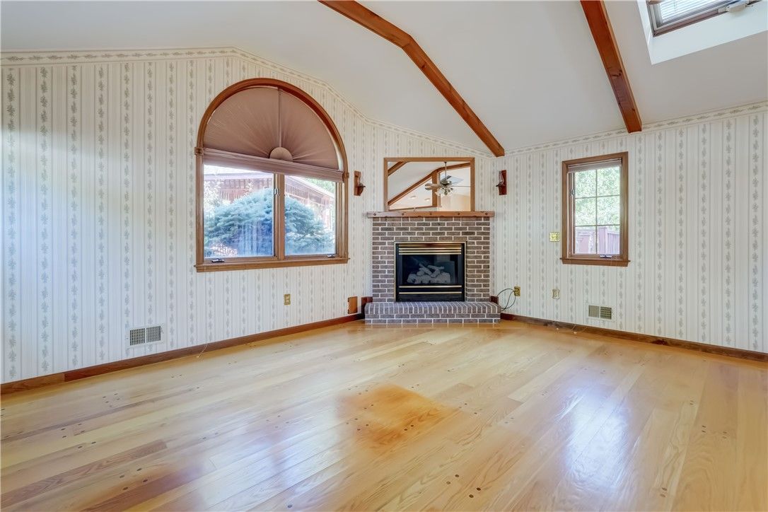 Empty room, Fireplace, Interior, Wooden Beams, Wood Texture Flooring