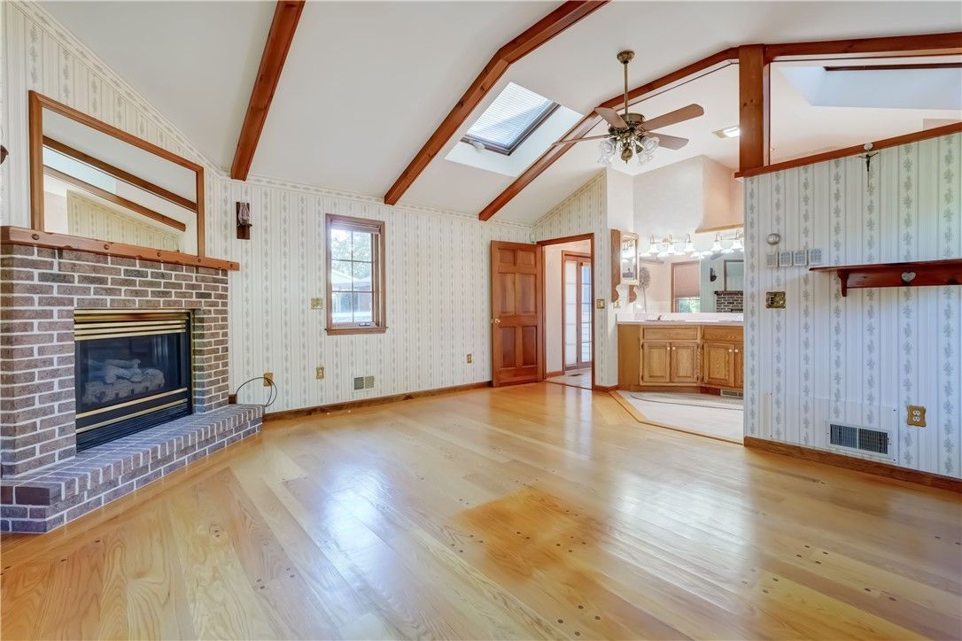 Empty room, Fireplace, Interior, Wooden Beams, Wood Texture Flooring
